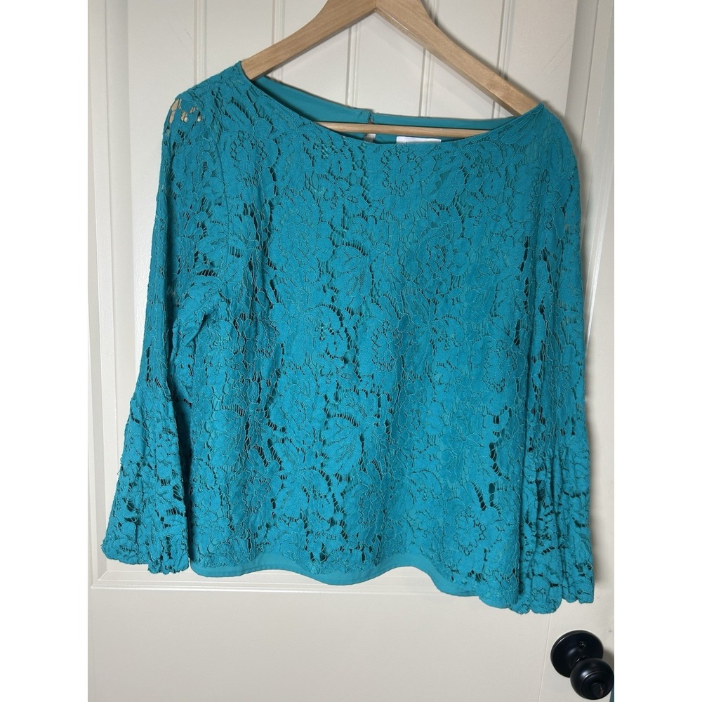 Laundry by Shelli Segal Women's Teal Lace Blouse Bell Sleeves Boho Cocktail Sz L
